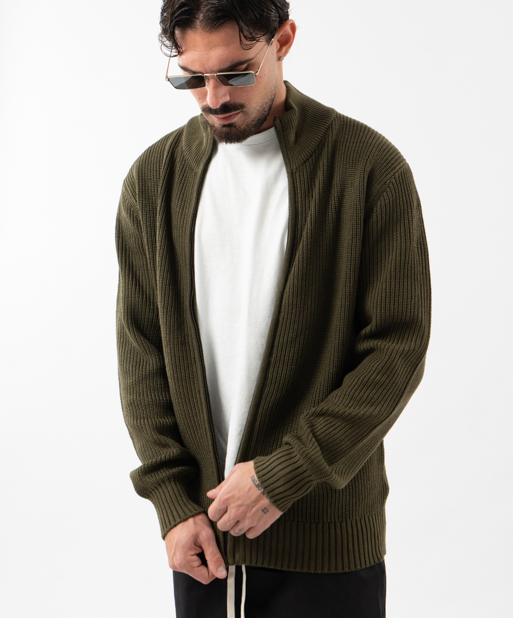 Cardigan in cotone con zip olive